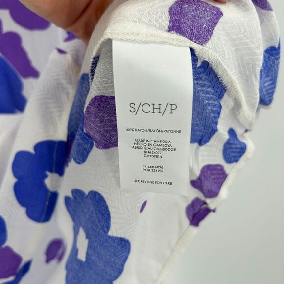 CABI White Purple Blue Semi Sheer Floral Print Flutter Sleeve Blouse Size Small - Picture 5 of 5